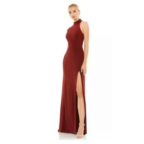 IEENA MAC DUGGAL HIGH NECK JERSEY GOWN W/TEARDROP CUTOUT BACK BURGANDY SIZE 1O - Picture 2 of 7